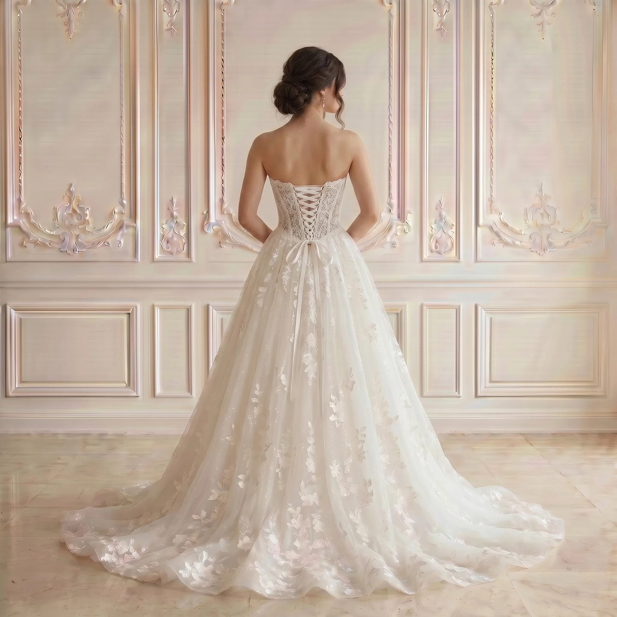 Strapless Sweetheart Corset A Line Wedding Dress 3D Floral Lace Tulle Chapel Train Bridal Gown Custom Size
