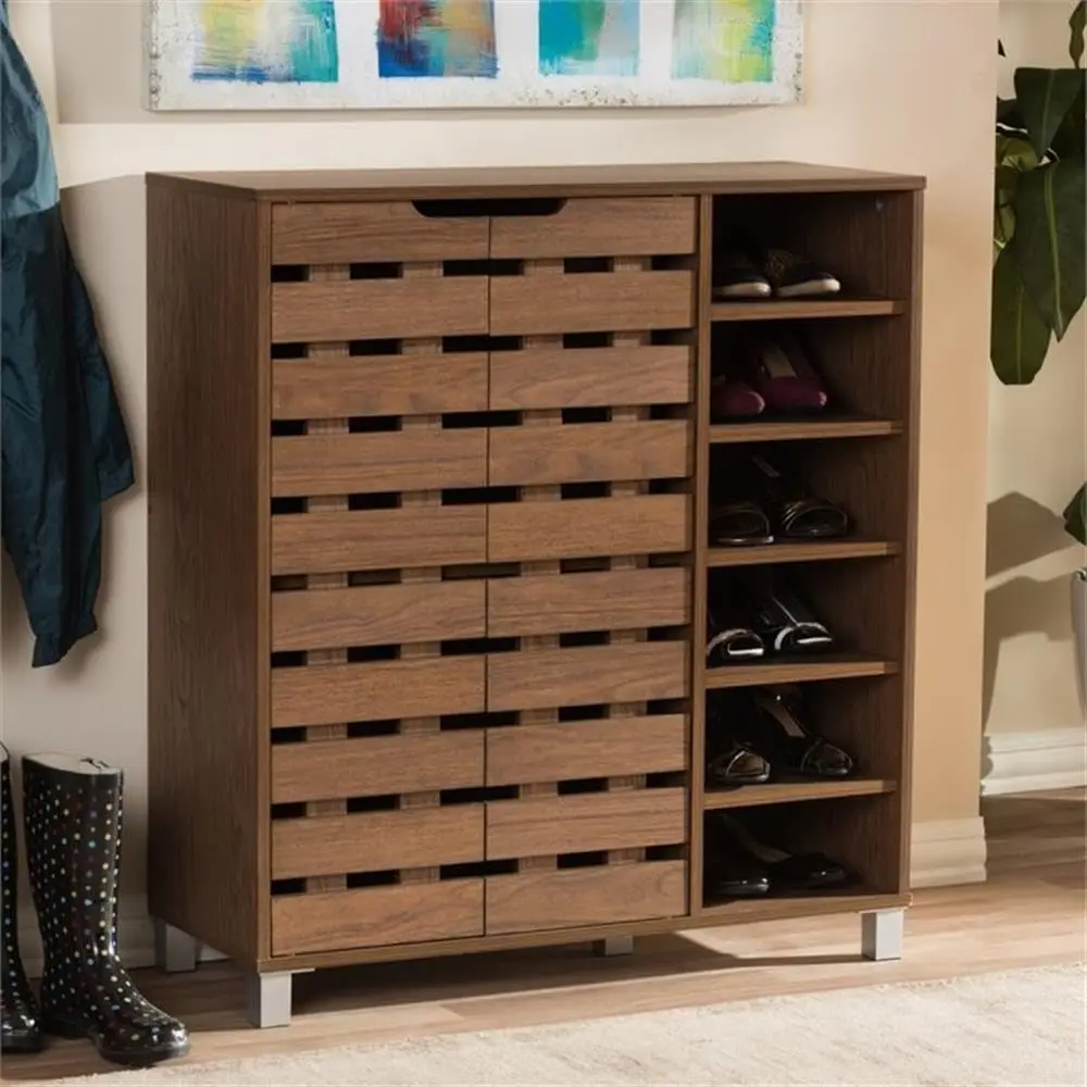 Baxton Studio Eloise Modern & Contemporary Beech Wood 2 Door Shoe Cabinet with Open Shelves, Walnut