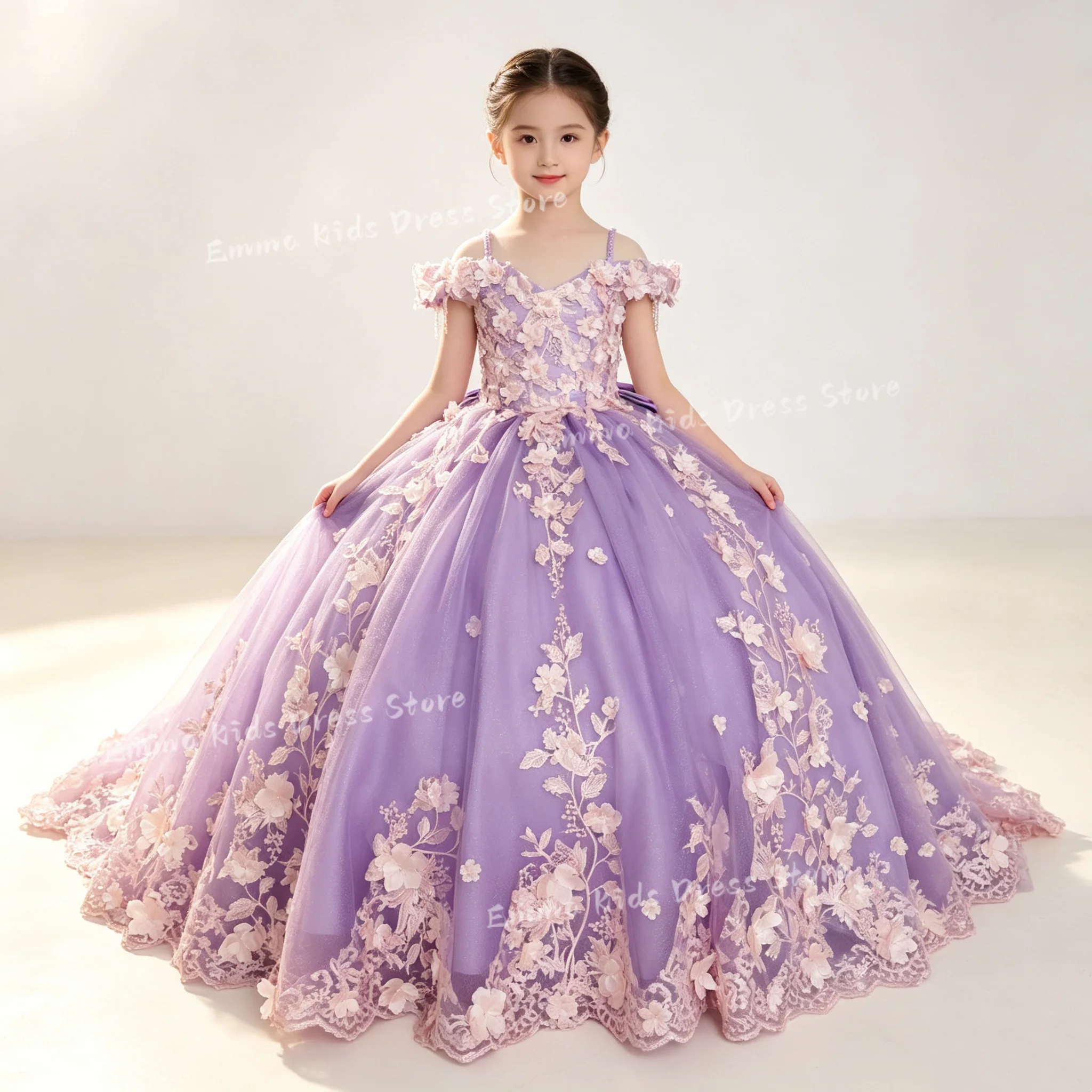 Customized Purple Flower Girl Dress Tulle Pink Floral Appliques With Bow For Wedding   Birthday Party Prom Banquet Pageant Gown