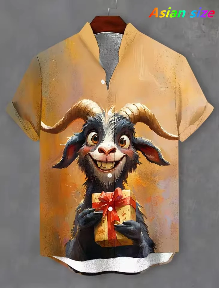 

Summer Men's Funny Goat Anime Shirts Fashion Short Sleeve Button Down Lapel Shirts Oversized Tops Casual Hawaiian Shirt Camisa