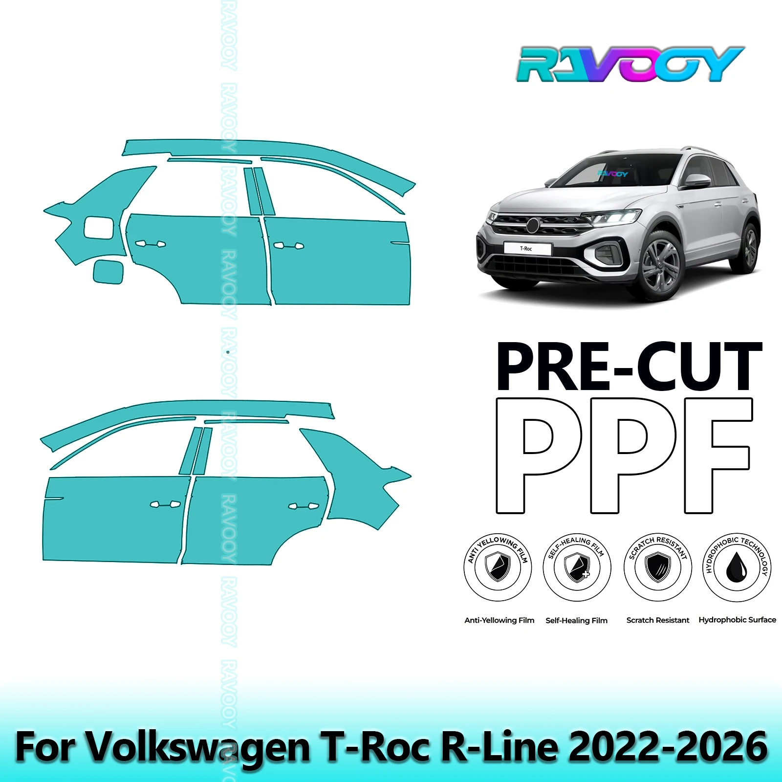 

For Volkswagen T-Roc R-Line 2022-2026 8.5mil Clear Matte Pre-Cut PPF Door & A/B Pillar Kit TPU Paint Protection Film Set