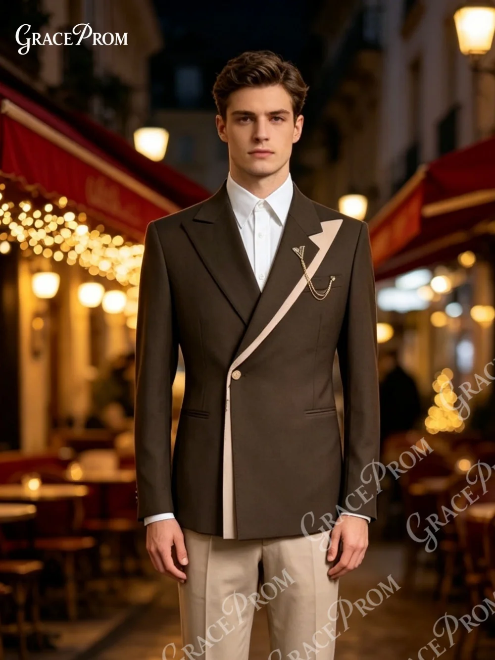 Elegant Asymmetric 2PCS Mens Suit With Contrast Trim And Chain Brooch Slim Fit Brown Khaki Formal Outfit For Wedding And Prom