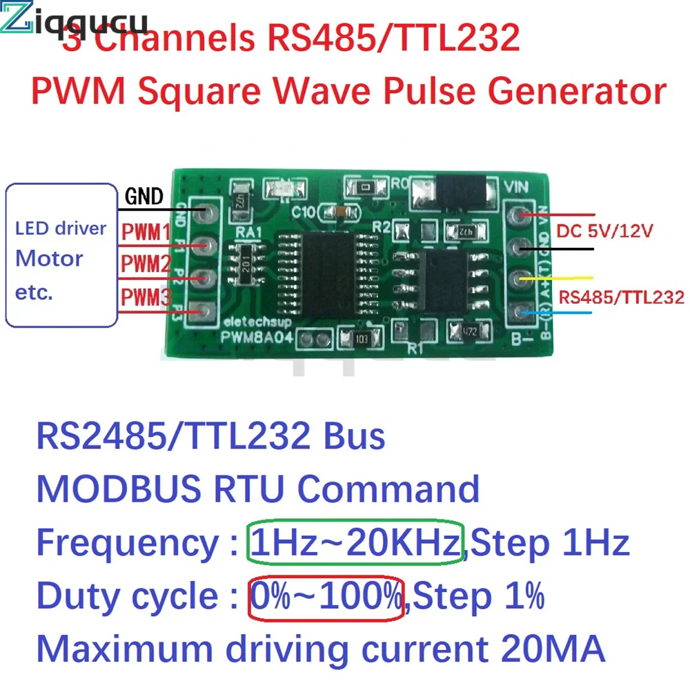 3Ch 1Hz-20kHz واجب دورة تردد قابل للتعديل PWM مربع موجة مولد نبضات UART RS232 RS485 حافلة Modbus RTU المجلس
