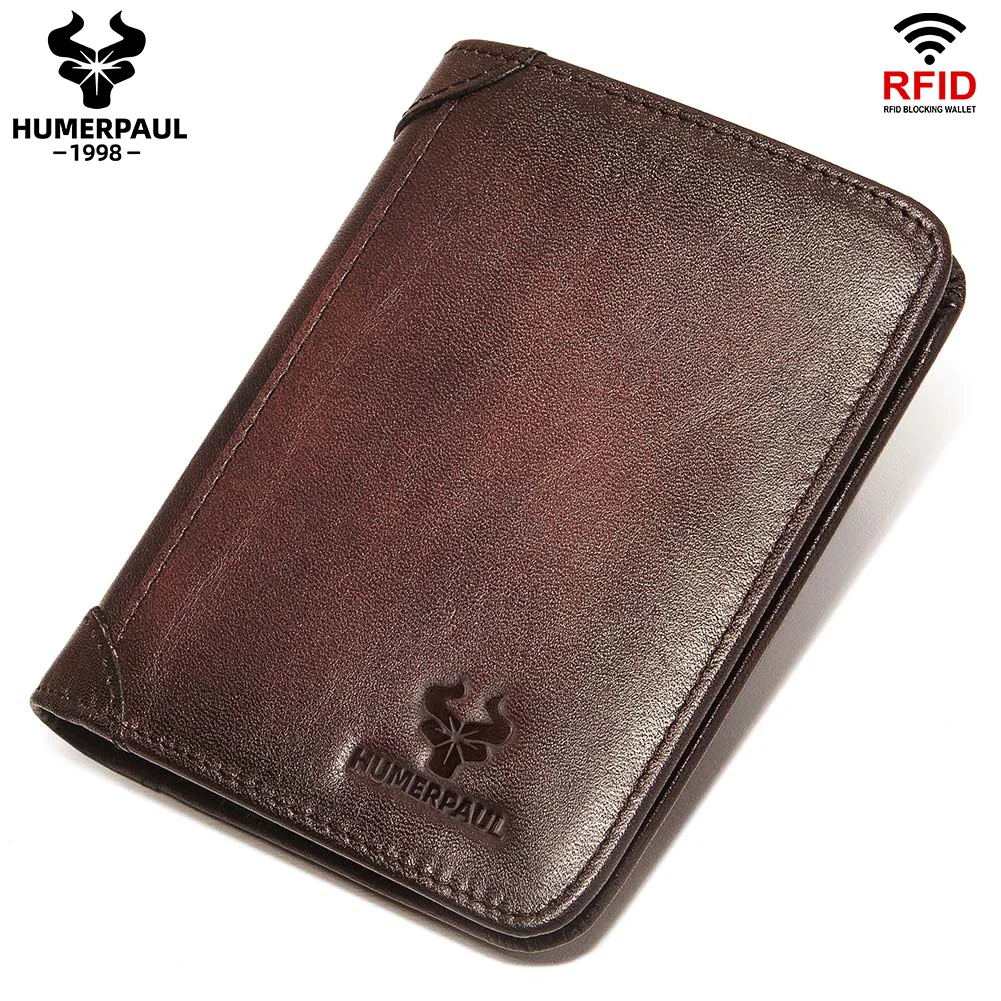 Genuine Leather RFID Protect Wallet for Men Slim Trifold Front Pocket Money Bag Anti-theft Brush Head Layer Cowhide Card Holder