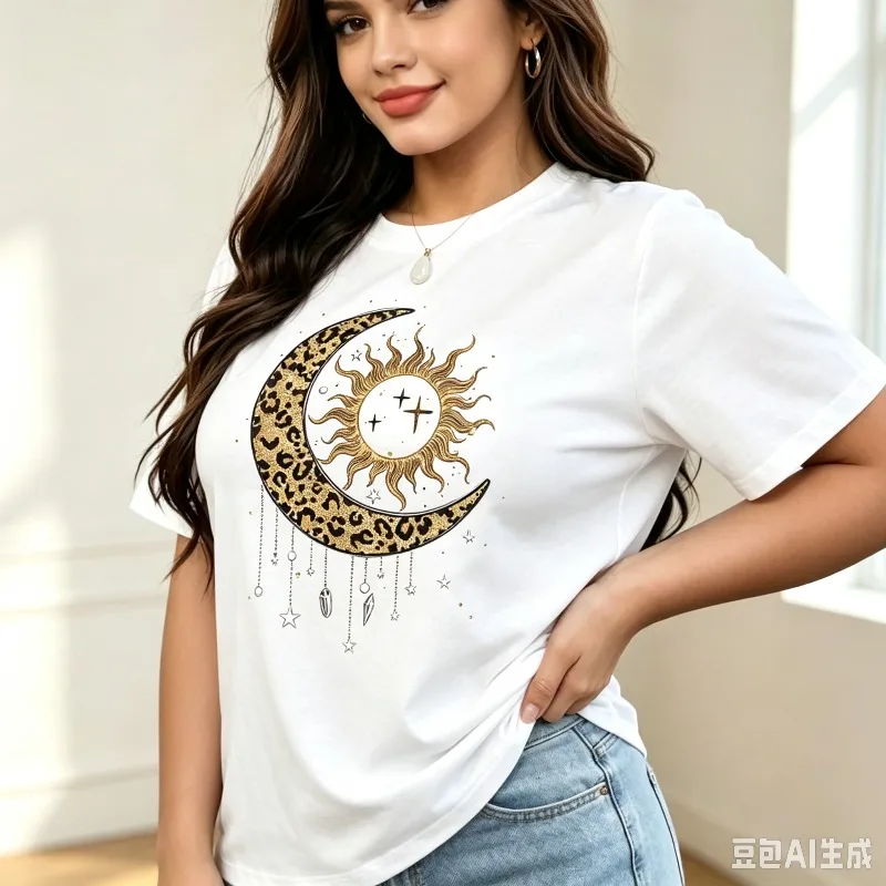 Sun Moon Leopard Women T Shirt Celestial Crystal Print Modal Fabric Casual Short Sleeve Tee Tops Boho Daily Wear Gift for Her