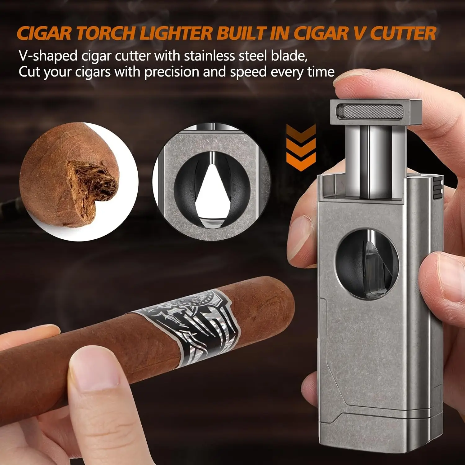 Scotte Cigar Lighter 4 Jet Flame,Refillable Butane Lighter with Cigar Cutter V Cut Cigar Punch Cigar Holder Cigar Draw Enhancer