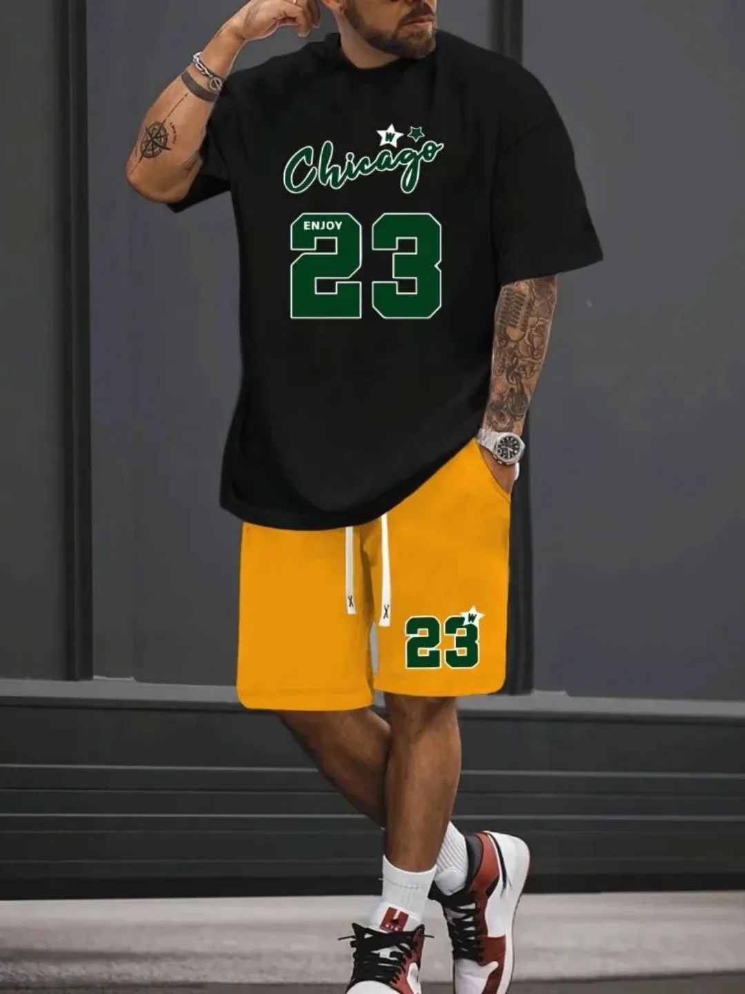 

Мужской комплект с принтом №23, 2 предмета: футболка и шорты, повседневный спортивный костюм, винтажный наряд, спортивная одежда для мужчин