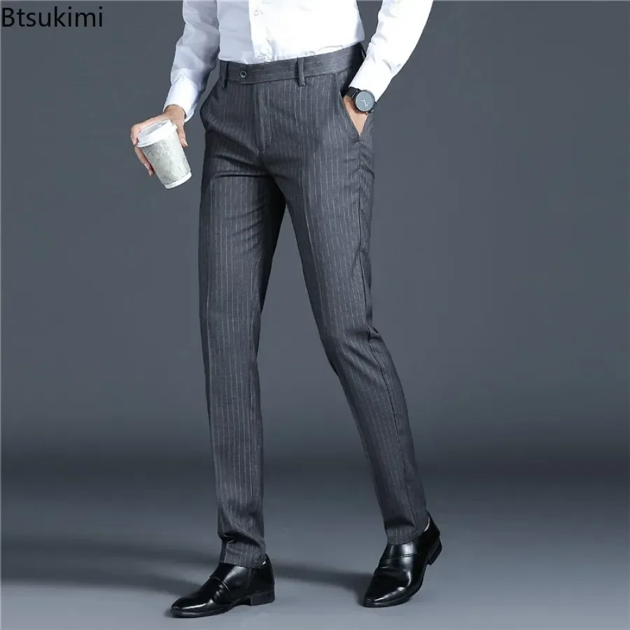 2024 New Men's Suit Pants Spring Autumn Fashion Thicker Business Casual Trousers Men Striped Slim Non-ironing Breath Suit Pants