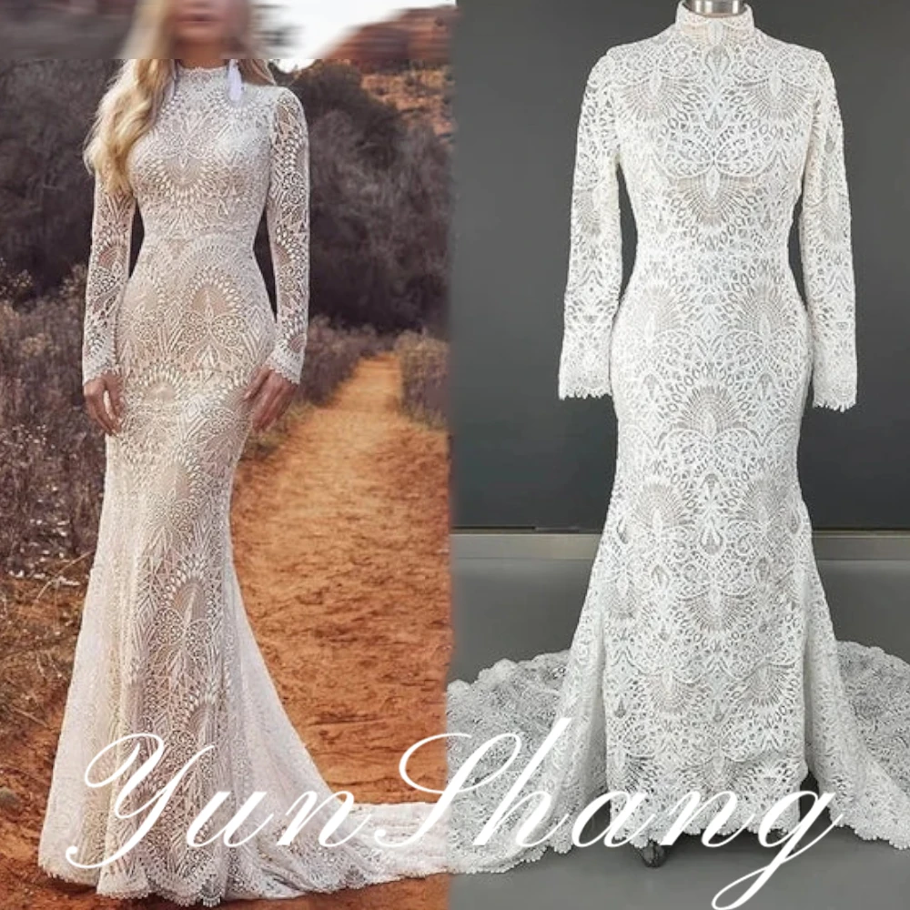 Yunshang Customized Boho High collar Lace Solid Color Mermaid Long Sleevs Sexy Sweep Train Floor Length Forest Fairy Wedding