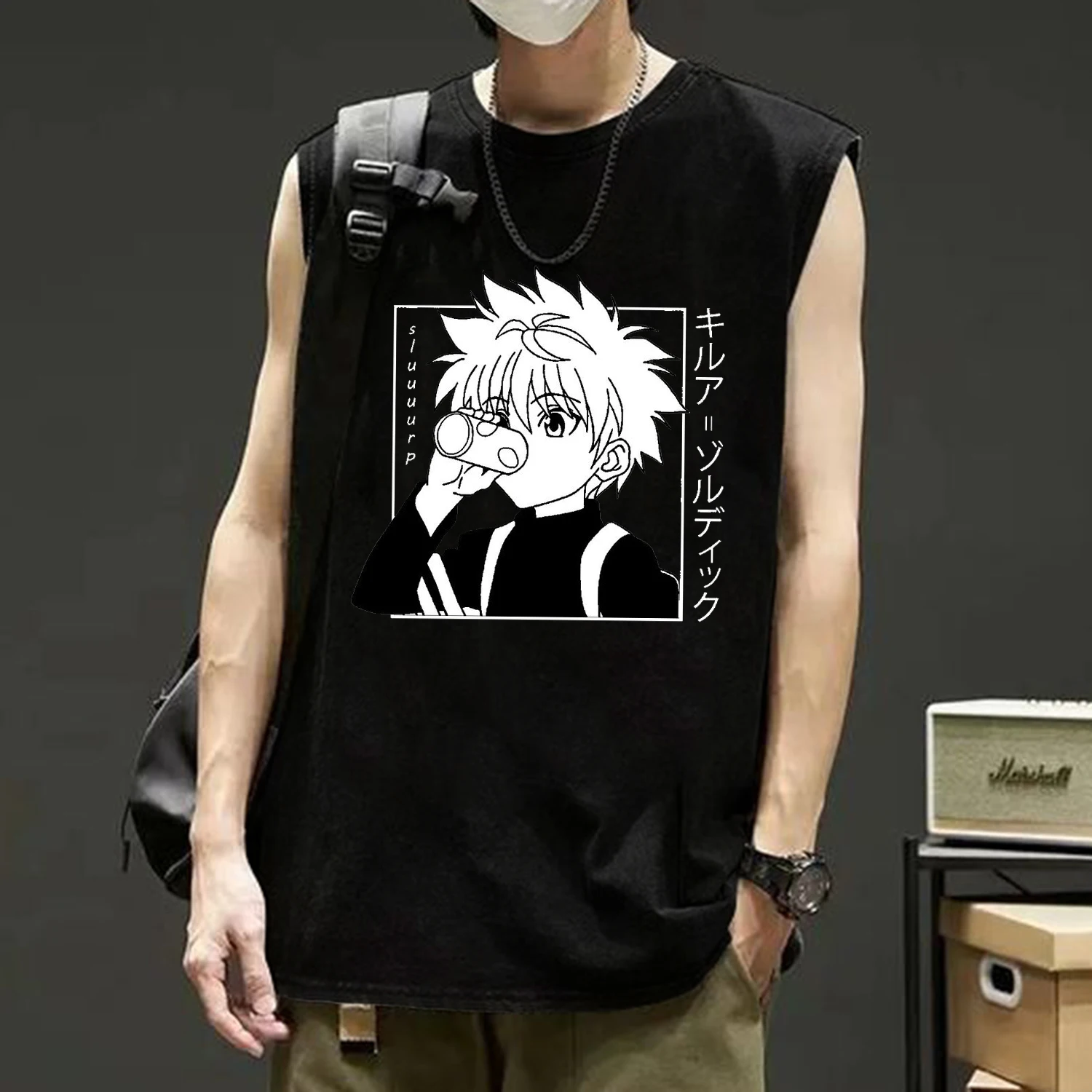 New Mens T-shirt Killua and Gon Printed Oversized Sleeveless T-shirt Japanese Anime Hunter X Hunter Vest Tee Shirt Clothes