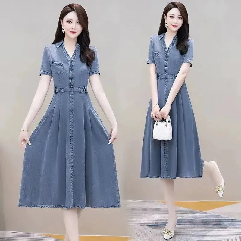 Women's Long A-line Denim Dress, Slim Jeans Dresses, Female V-neck, Large Size, Temperament, Spring, Summer, New, Fashion, 2023