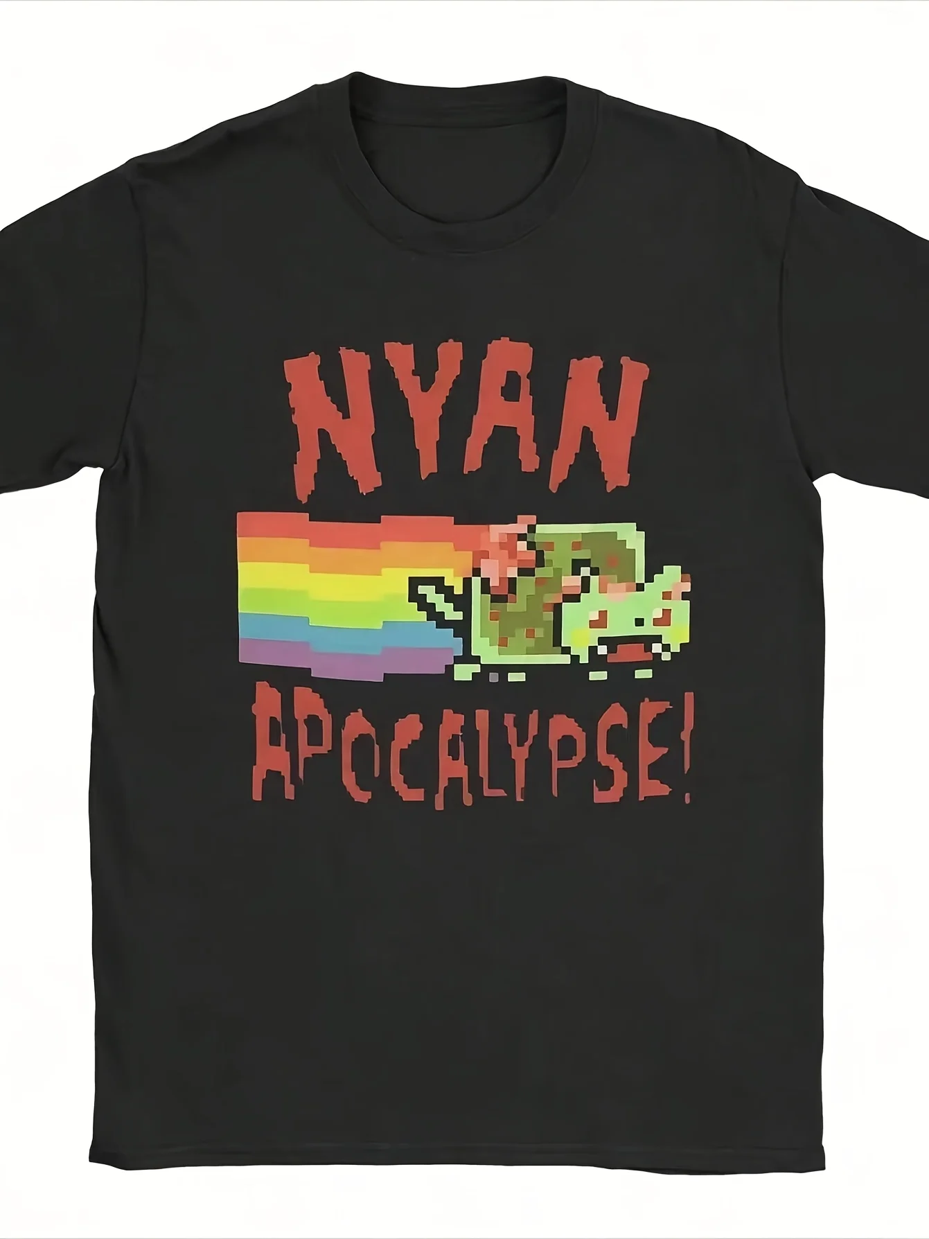 100% Sporty Style T-Shirt with Pixel Art Cat and Nyan Apocalypse Rainbow Print Graphic Short Sleeve Men's T-shirts for Unisex