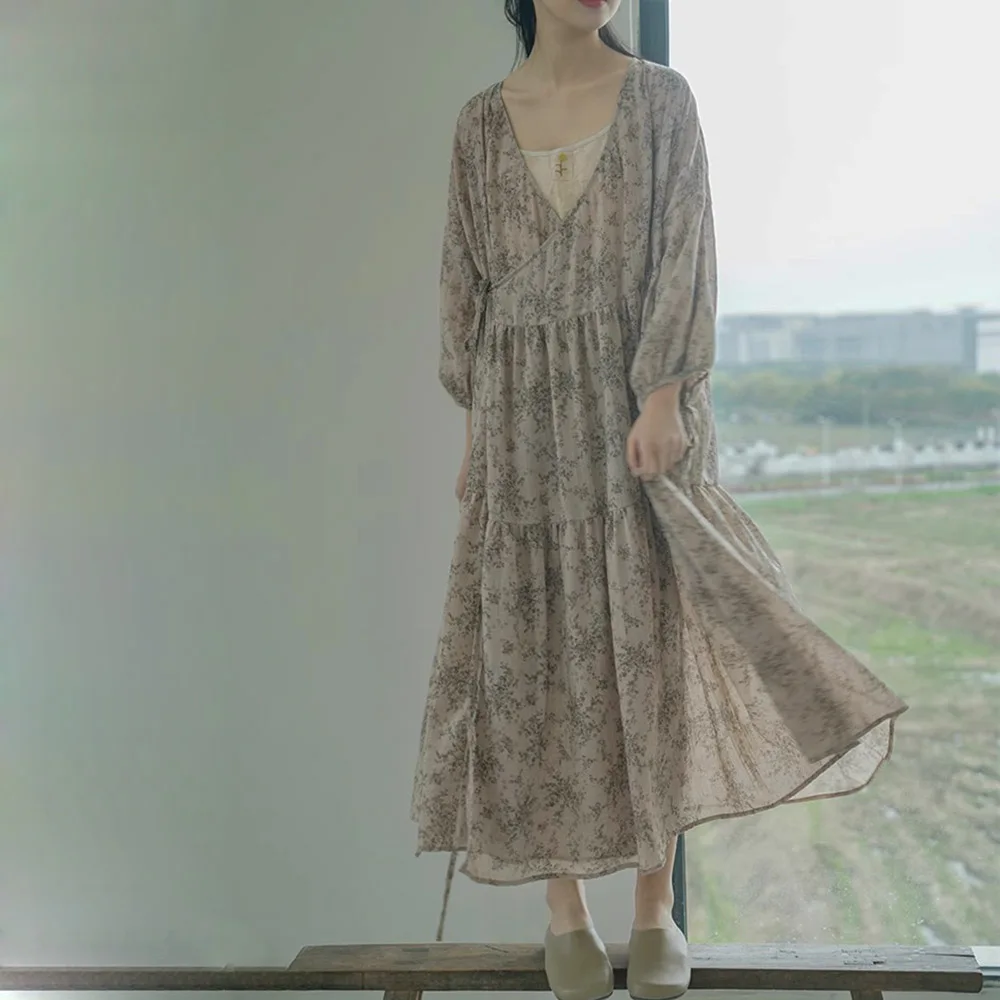 Französischer Stil Baumwolle Casual Wrap Before Floral Boho Lange Kleider Damen Puffärmel Sommerfalte Strandtunika Elegantes Turmkleid