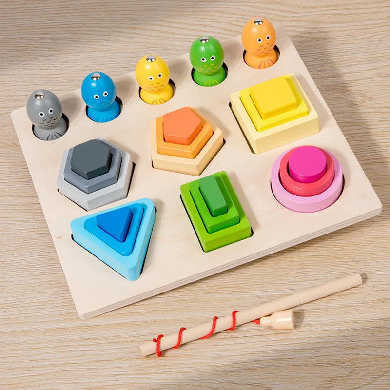 Classificazione cognitiva a forma di colore in legno Montessori che abbina i giocattoli educativi per l'apprendimento della pesca magnetica dei bambini