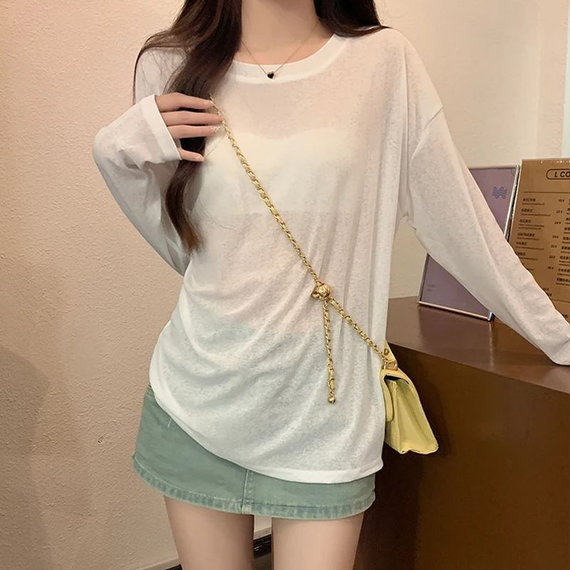 Long Sleeve Casual Tshirts Women Summer Sheer New Design Sunscreen Trendy Korean Style Youthful Tops Loose Temper Literary Chic