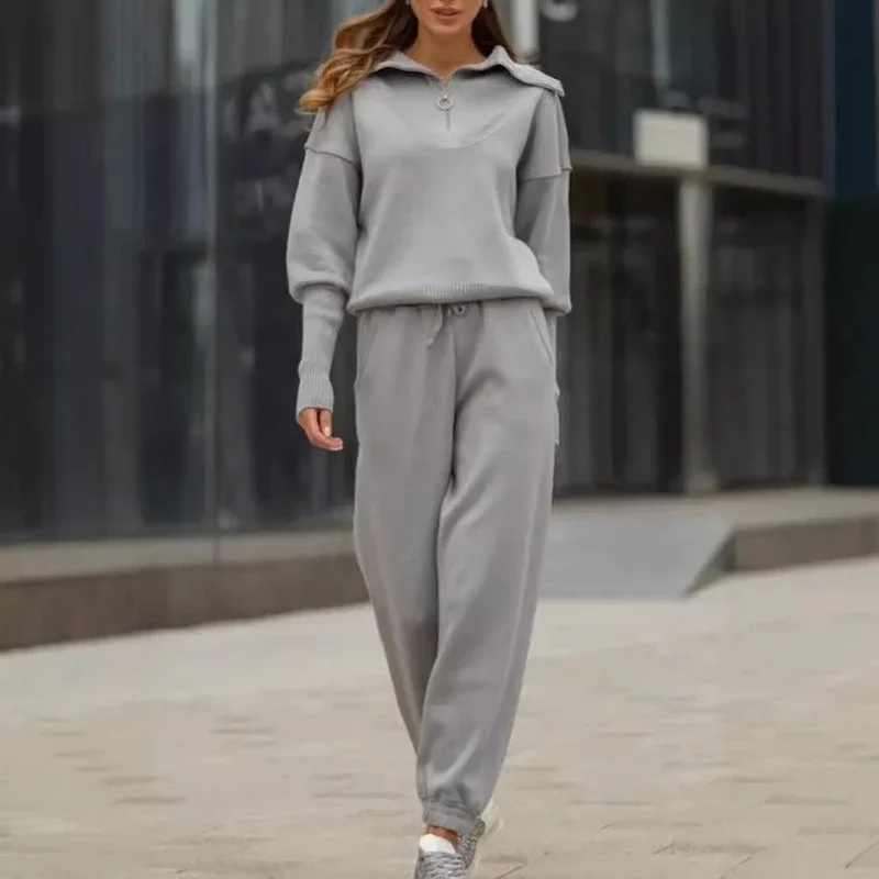 Outono casual sólido costela y2k conjunto de duas peças feminino zíper lapela superior moletom calças de cintura alta roupa inverno manga longa terno reto