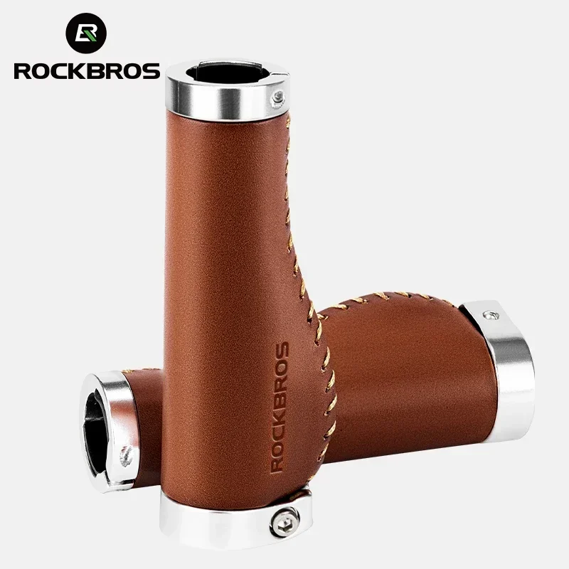 ROCKBROS Bicycle Handlebar Grip Anti-Slip Bike Handle Cuffs Cover Ergonomic Soft Top-grain Leather MTB Bike Accessories 1 Pair