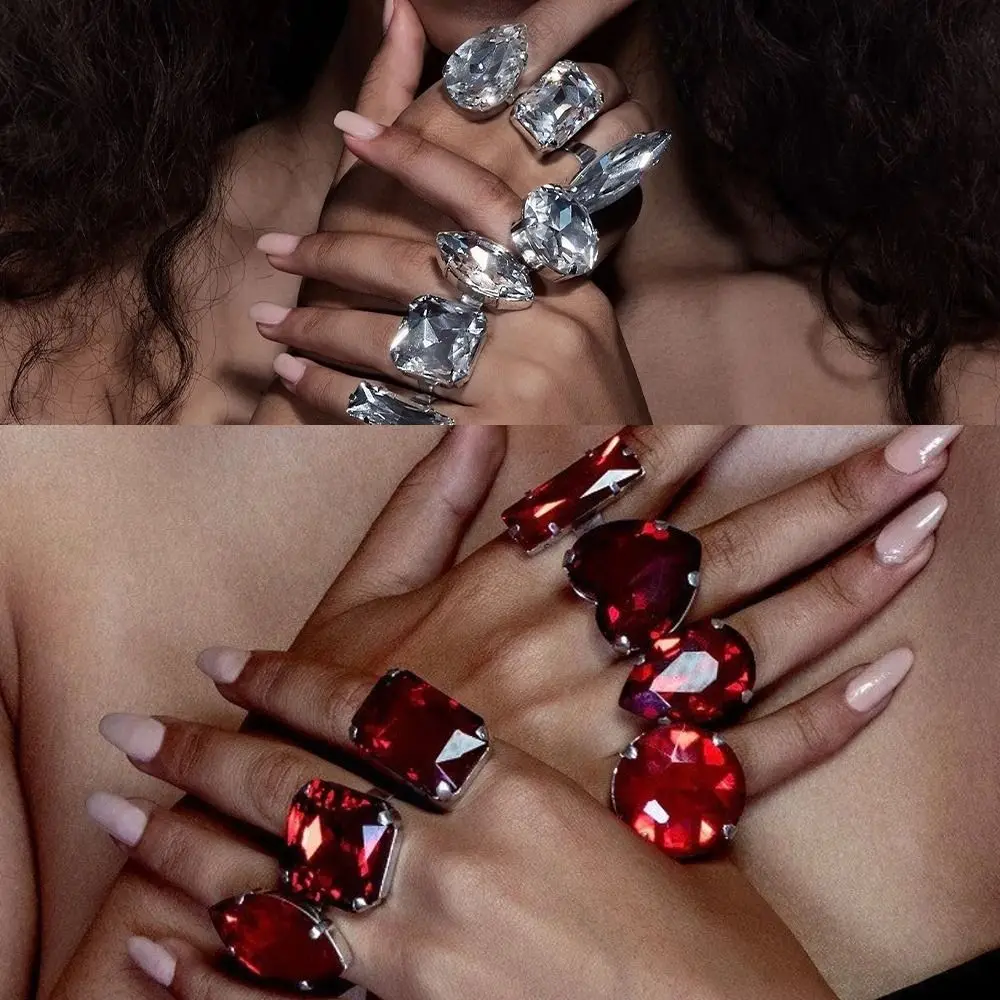 7PCS Square Shape Square Rhinestone Ring Rhinestone Crystal Heart Shape Vintage Wedding Ring Exaggerated Giant Large Size