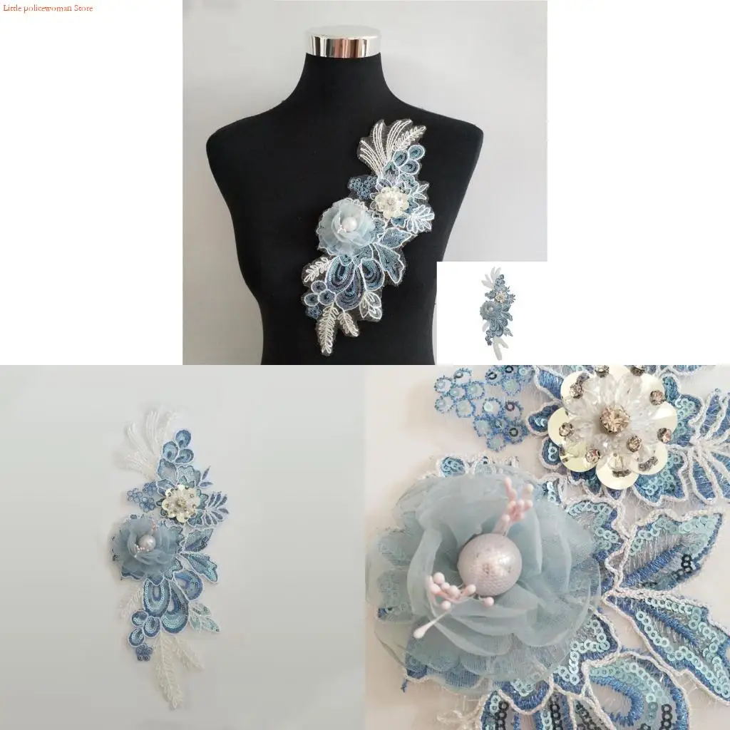 F92D Fabric 3D Flower Sequins Sewing Applique Pearl Beaded Lace Collar Neckline DIY Craft Supplies for Wedding Gown Dress Hat