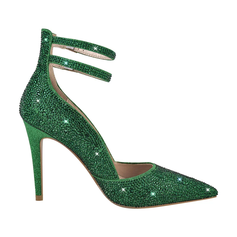 Onlymaker Women Green Pointed Toe Rhinestone Ankle Straps Pointed Toe Pumps 10CM High Heel  Party Dress Big Size Heels