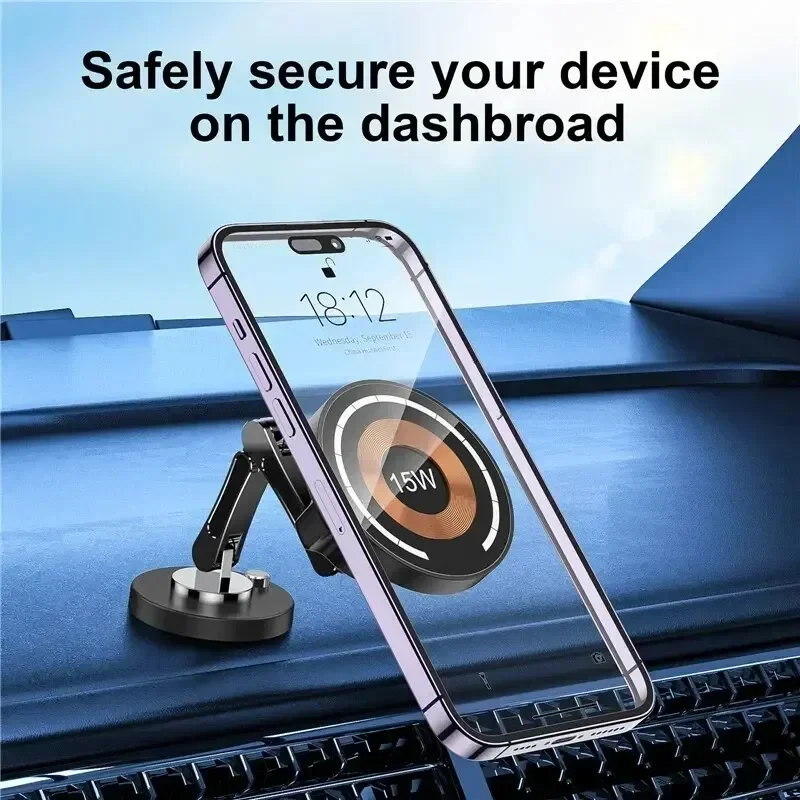 Magnetic Car Wireless Charger for iPhone 15 14 Pro Max Car Phone Holder 360 Rotation Metal Foldable Charging Stand for Samsung