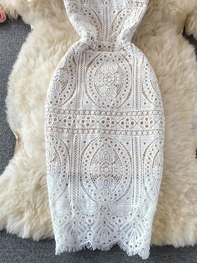 2023 Summer Runway Flower Hollow Out Lace Dress For Women's Square Collar Bubble Sleeve Elegant White Bodycon Mini Vestidos