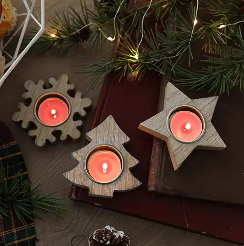 1pc Wooden Xmas Snowflake Candlestick Christmas Tree Shape Candle Holder For Home Decoration New Year Decor Christmas Decoration