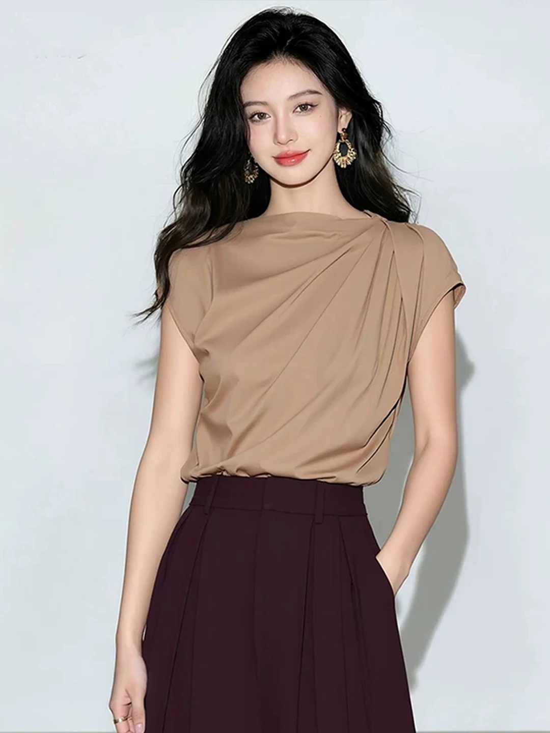 

Elegant Intellectual Short Sleeve Women's Shirt Commute Fashionable All-Match Shirt Korean Style Straight Cut Summer Unique