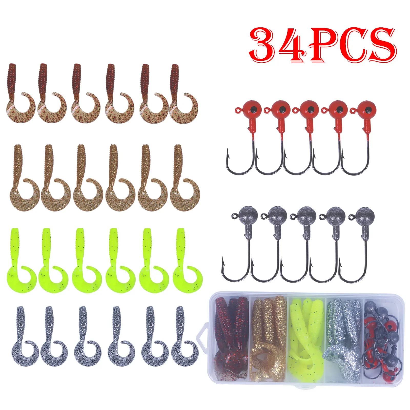 34pcs/Box Long-Tail Jig Head Artificial Bait Set Salt Shrimp Smell Soft Worms Swimbait Wobbler For Pike Carp Bass Fishing Lures