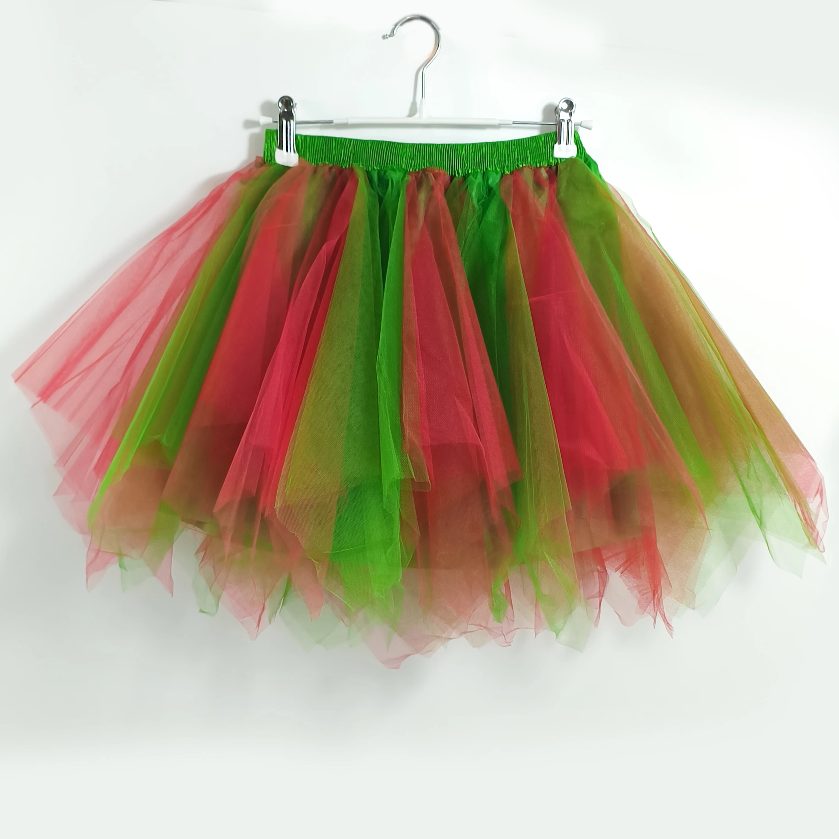 Unregelmäßiger Tüll-Tutu-Rock für Erwachsene, Rot-Grün Gemischte Farbe, Kurzer Rock, Halloween-Weihnachtsfeier-Cosplay-Kostüm – Detail 3