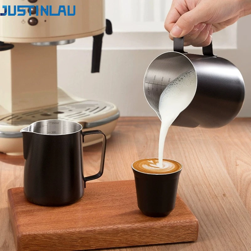 Jarra Espumadora de Leche para Café JUSTINLAU, Acero Inoxidable, Escala Precisa, Alta Calidad, Utensilio Profesional para Baristas de Latte