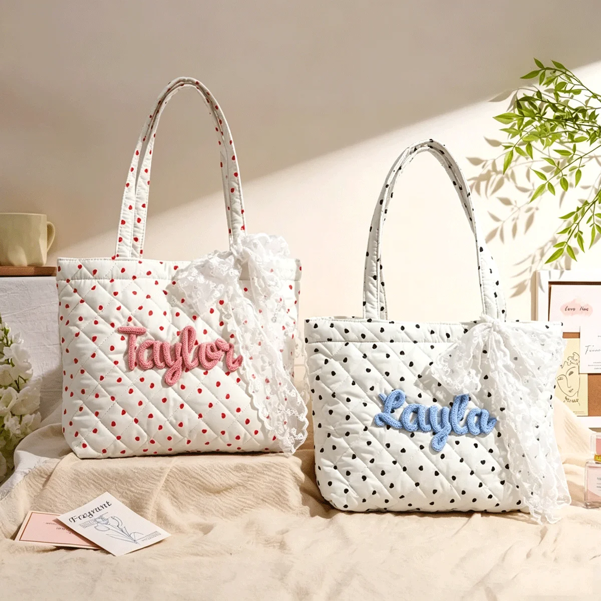 1 Personalized Quilted Heart-Shaped Handbag with Hand-Embroidered Letter and Lace Ribbon – Bridesmaid Gift or Gift for Her view 5