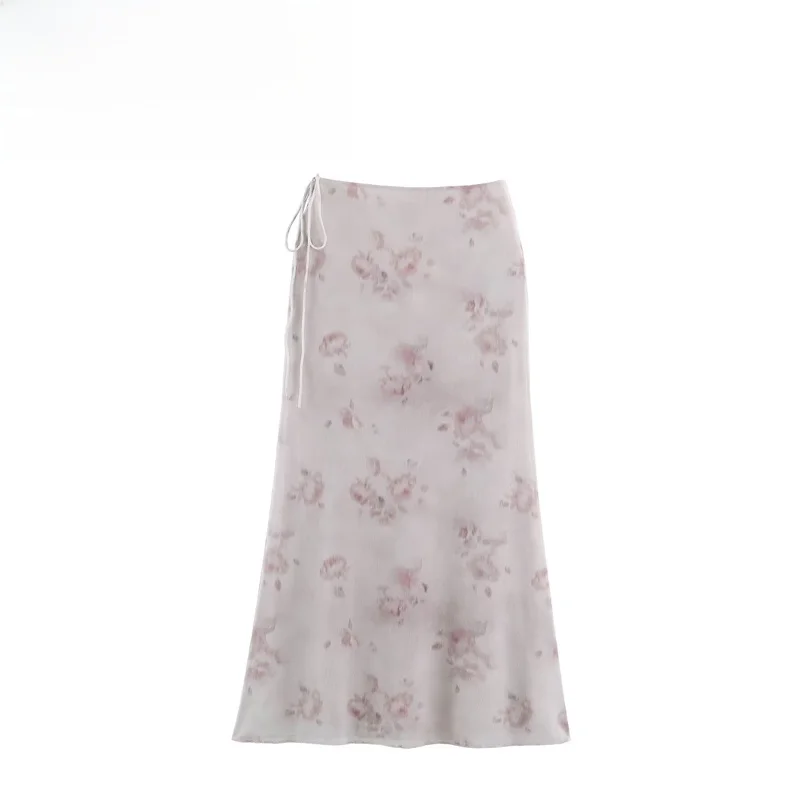Fashionable Floral Silk Mesh Midi Skirt Women's Standard Fit A-Line Skirt mid Waist Polyester Fiber Printed Design