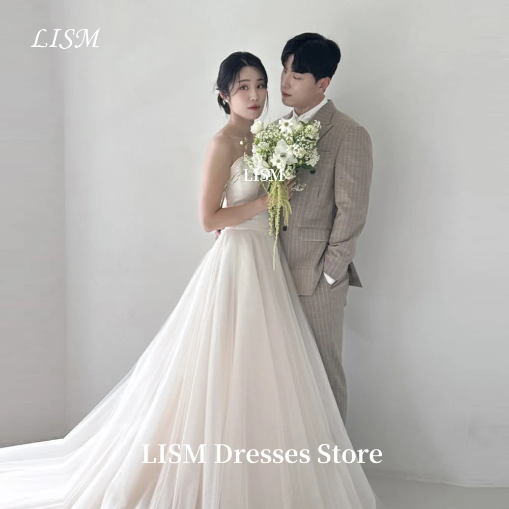 

LISM Strapless A-Line Simple Korea Wedding Dresses Soft Tulle Long Bridal Gowns Photo Shoot Customize Corsets Back웨딩드레스