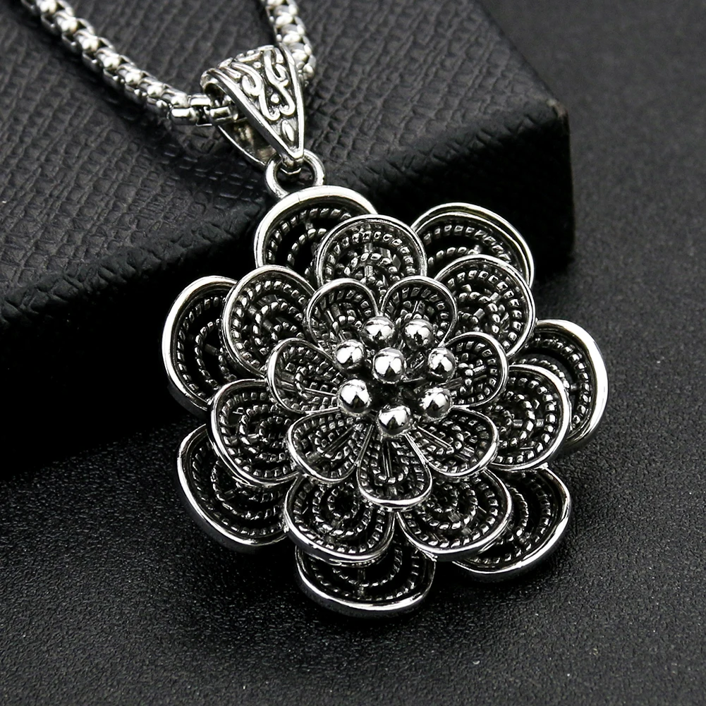 Metal Silver Color Three-dimensional Rotatable Plum Blossom Necklace Pendant Sweater Chain Jewelry Gift for Valentine's Day