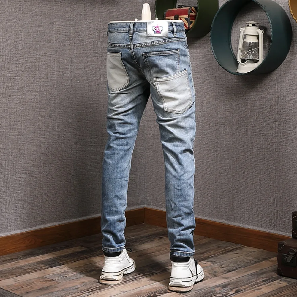 2024 Autumn Winter New Men's Retro Spliced Jeans Fashion Personalized Elastic Casual Pants  y2k Clothes Pants Men Baggy Jeans