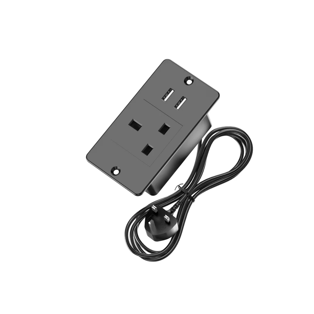 Recessed Power Strip 1.5M Extension Cord 1 AC Outlet 2 USB-A (5V 2.1A) Desktop Embedded Socket for Home Office