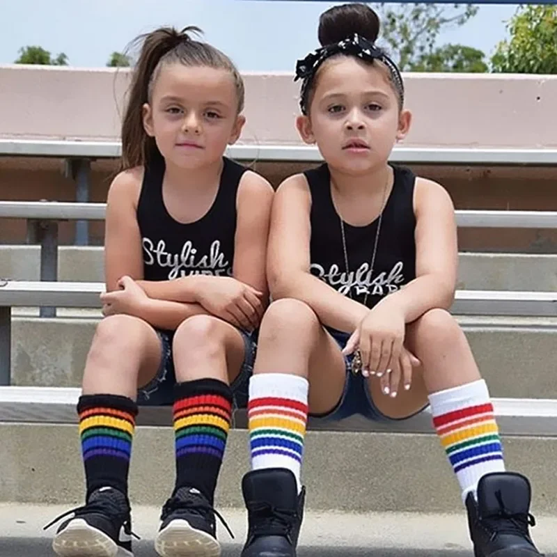 Kids Boys Girls Rainbow Striped Sock Soft Knee High Socks Student Football Sports Socks  Children Long Tube Leg Warm Socks 5-15Y