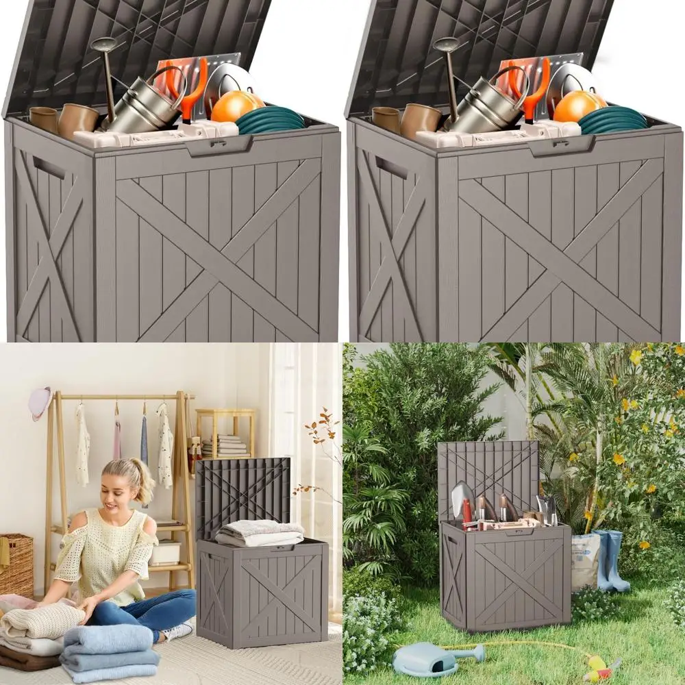 

Weatherproof Lockable Outdoor Storage Box, 32 Gallon Capacity, UV-Resistant, Grey for Garden and Pool Accessories