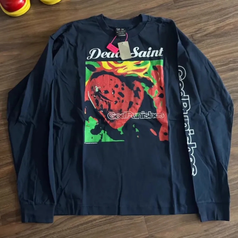 

Navy Blue Saint Long Sleeve Tshirts Vintage Street Outfit Men Women Red Abstract Pattern Round Neck Pullover Casual Loose Tops