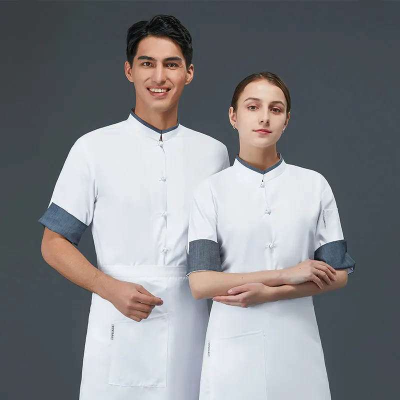 Hotel Restaurant Cook Waiter Uniform Men Chef Jacket Cooking Short Sleeve Kitchen Work Clothes Shirt for Summer Head Chef Coat