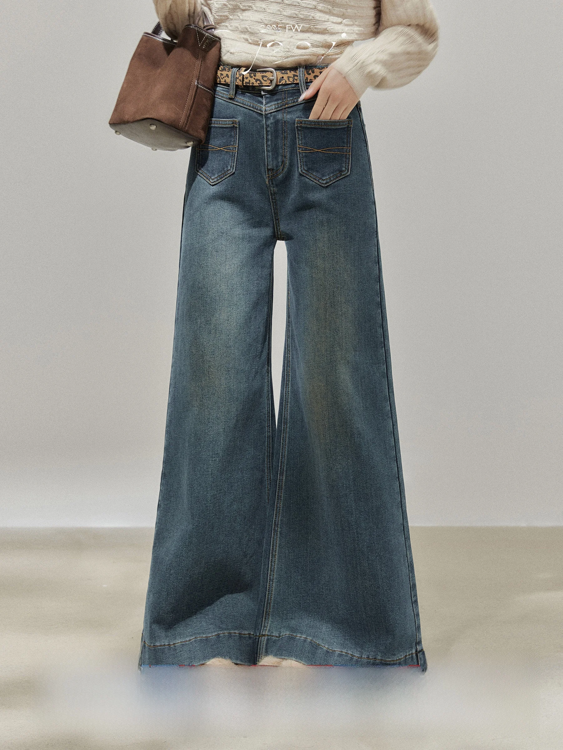 

Женские джинсы прямого кроя с ретро-эффектом, синие, с эффектом потертости, на флисовой подкладке, свободные широкие брюки с высокой талией, с декоративными карманами, осень-зима