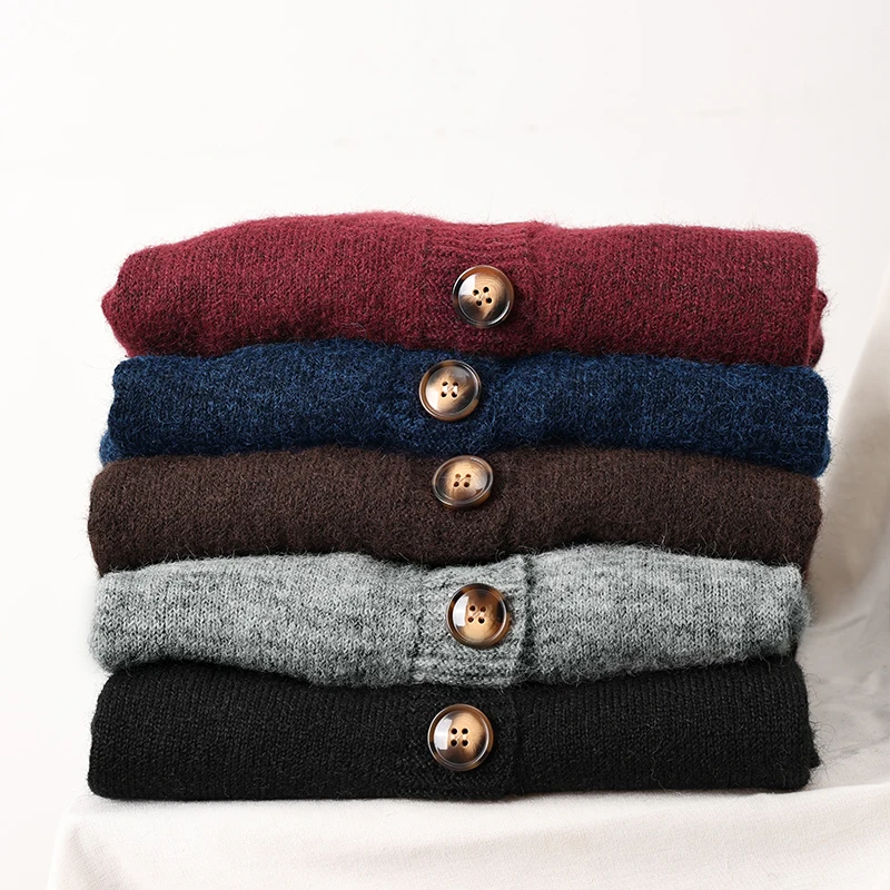 

Autumn Winter Women's Cardigan Wool Sweater New Retro Brown Button-Up Round Neck Long Sleeved Loose Warm Coat ropa mujer