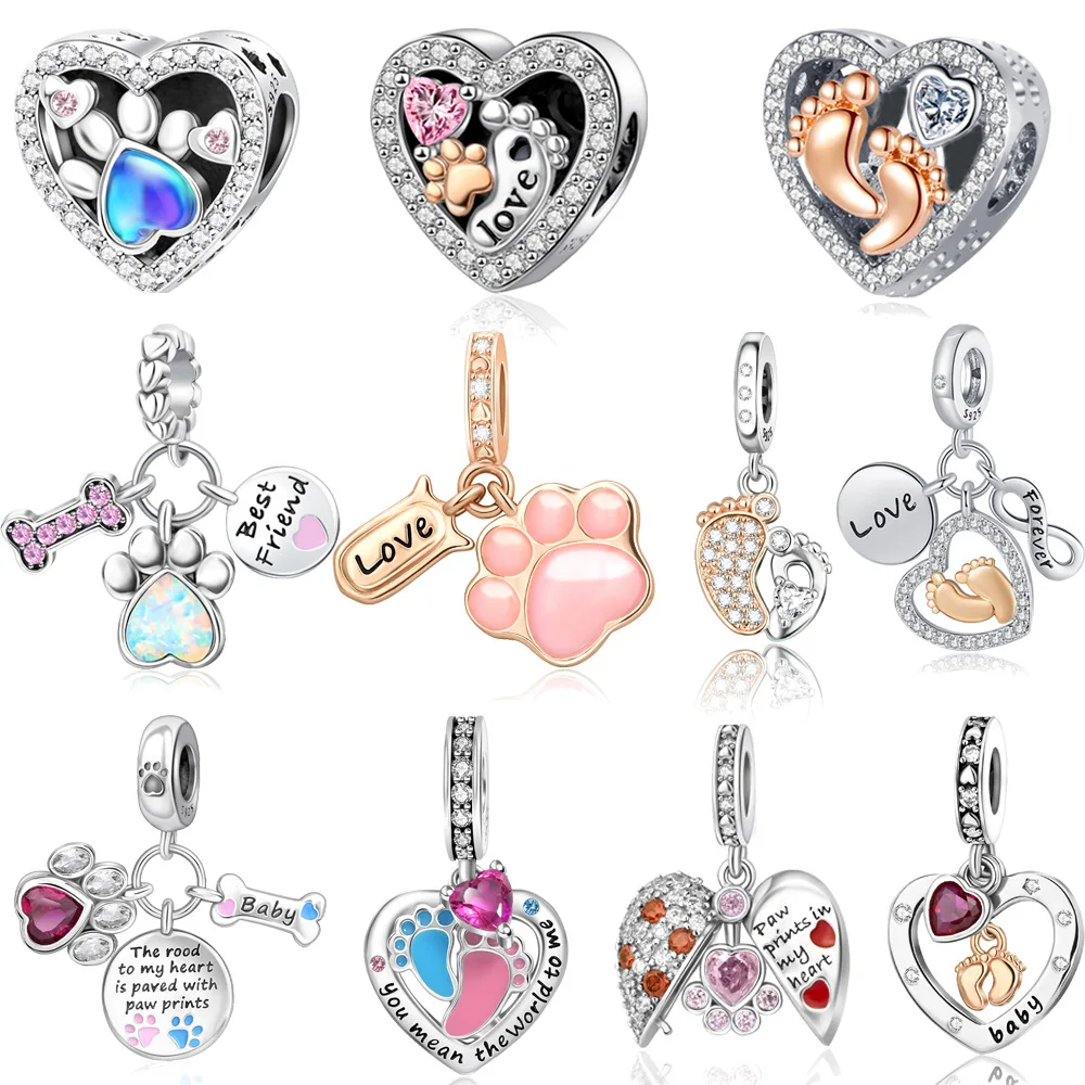 Breloque en forme de cœur avec empreintes de pieds de bébé plaquée argent « Love Forever », s'adapte aux bracelets, cadeau sentimental pour maman