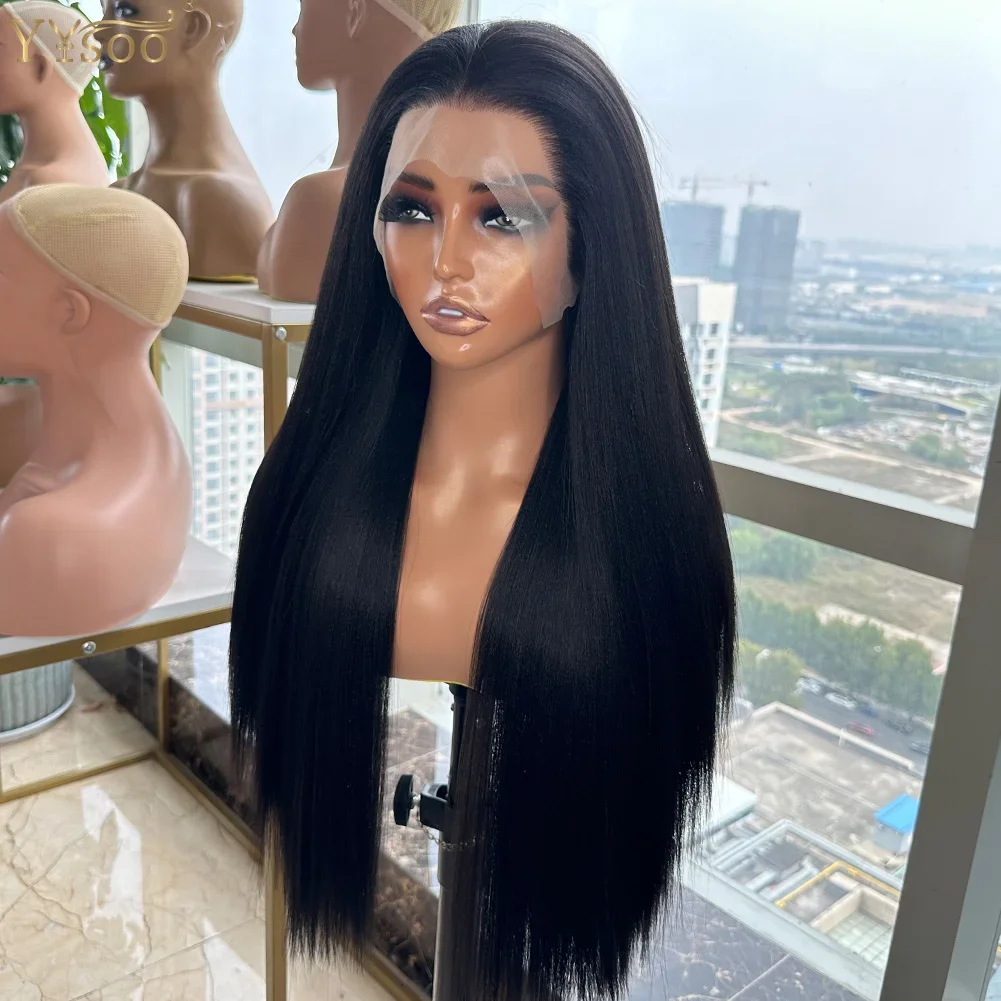 

Long 26 Inch Natural Black 180Density Glueless Straight 13*4*1 Lace Front Wig For Women Babyhair Synthetic PrePlucked Daily