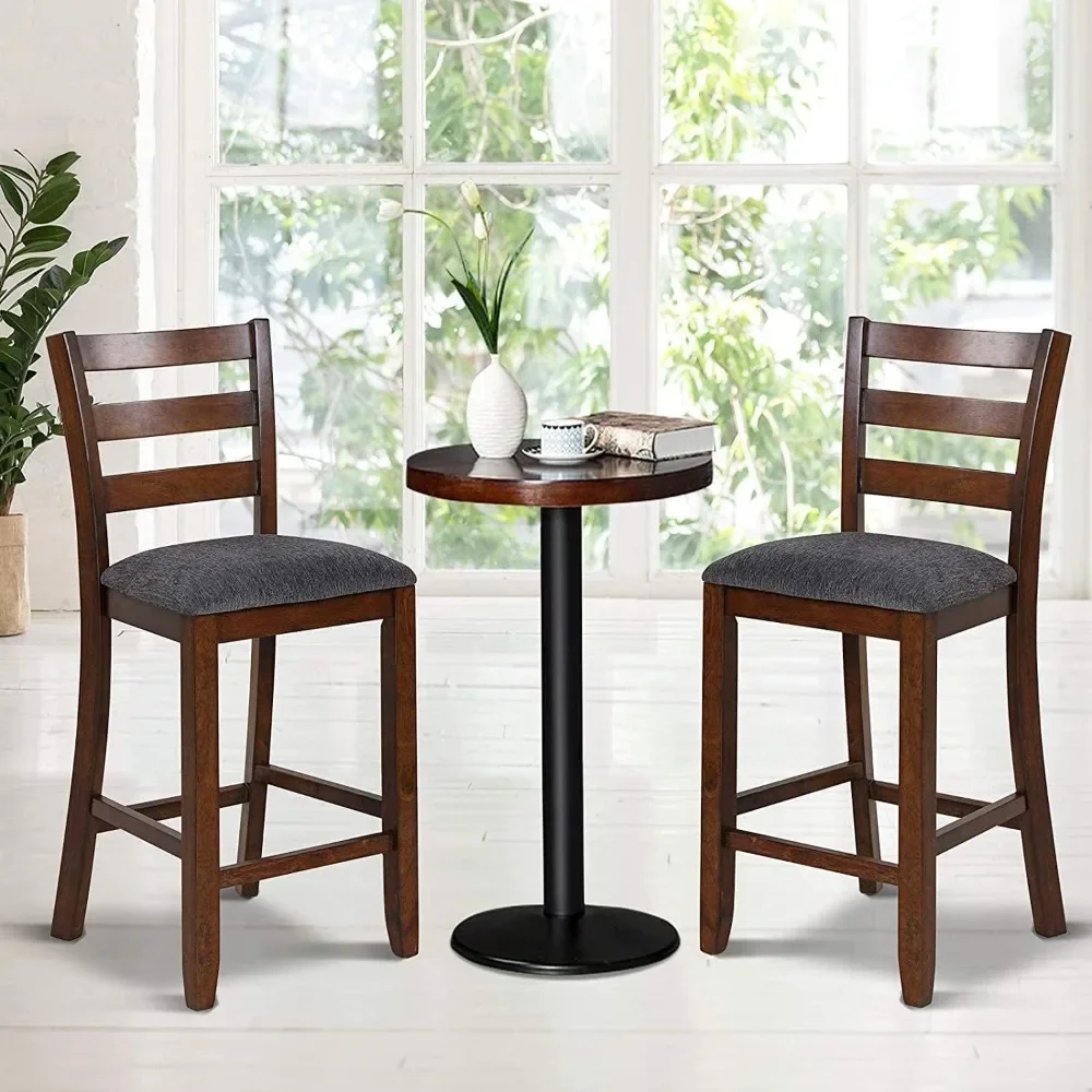 Counter Height Bar Stools Set of 2, 25.5” Bar Stools Counter Stools with Back, Rubberwood Legs & Grey Fabric Cushion