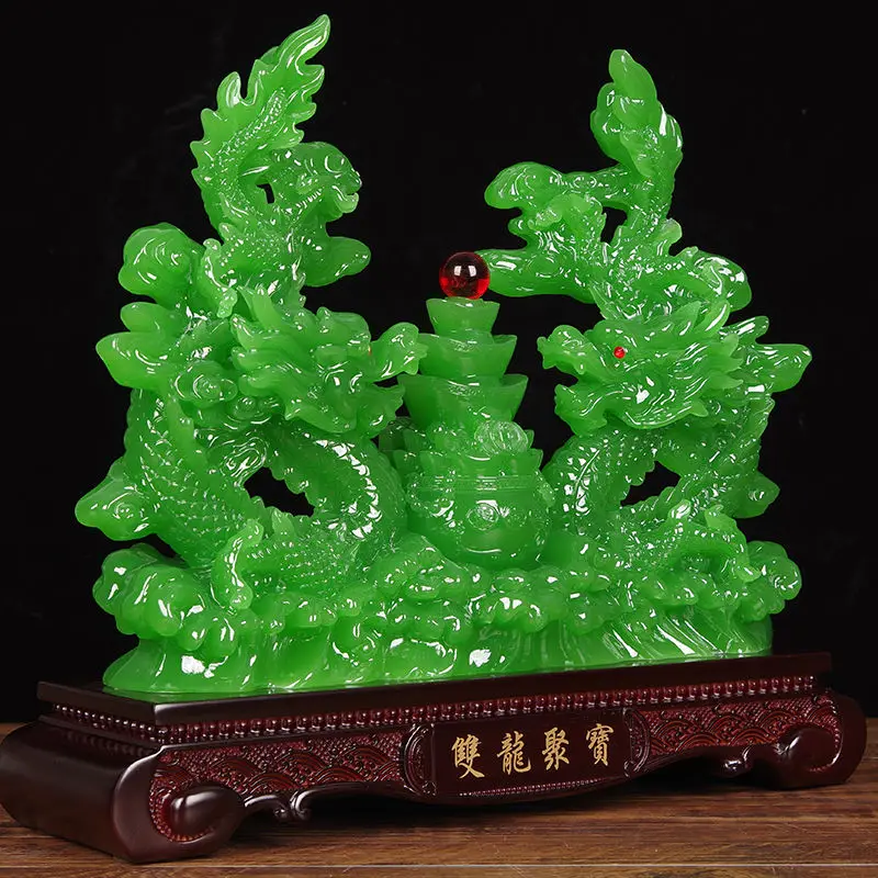 Fengshui Zhaocai Double Dragon Treasure Pot Brings Wealth Green Dragon Decoration Living Room Office Decoration