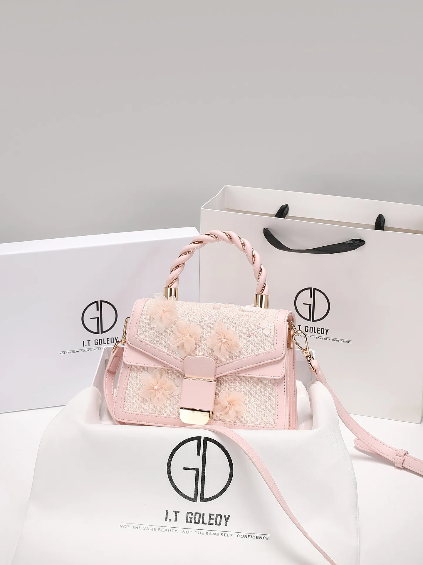 

Elegant and Luxury Handheld Square Bag with Beautiful Flower Decorations and Delicate Woven Handle Women's Fashion Crossbody Bag