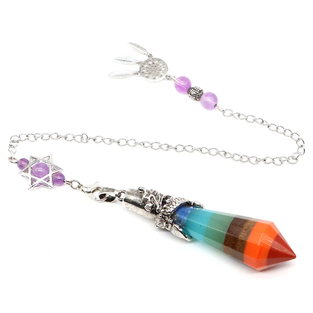 7 Chakra Dragon Pillar Natural Crystal Pendulum Stone Hexagonal Quartz Point Pendants Dream Catcher Dowsing Divination Balancing