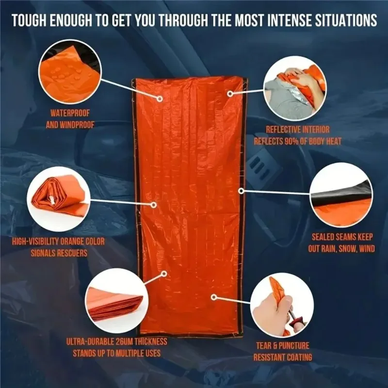 كيس نوم للطوارئ، بطانيات حرارية مايلر مقاومة للماء للغاية، كيس نوم خفيف الوزن، يحافظ على الدفء للتخييم والمشي لمسافات طويلة #3